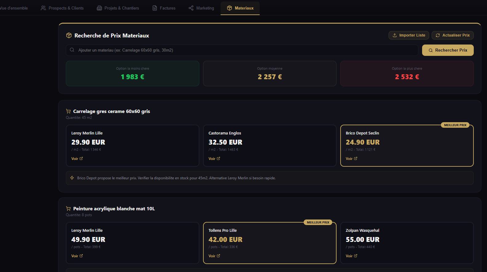 Recherche Prix Matériaux — BTP France